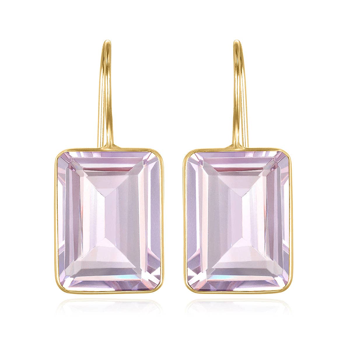 Gold earrings with square purple gemstones on a white background