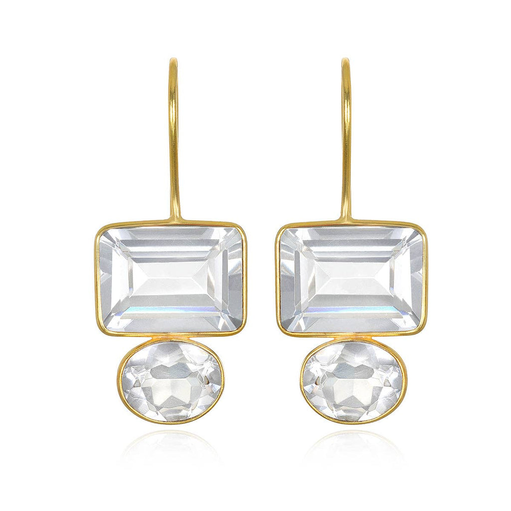 Gold earrings with clear rectangular gemstones on a white background